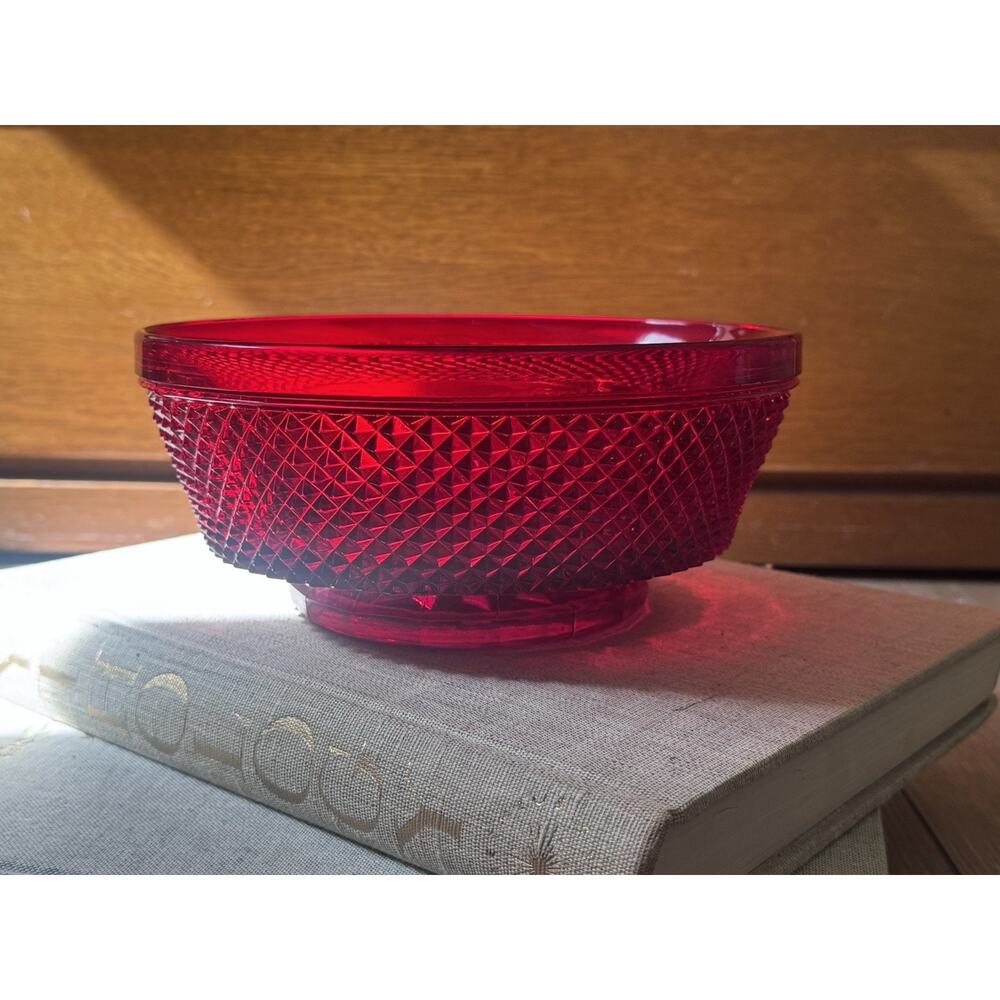 Vintage Estate European Ruby Red Art Glass Bowl Covered Dish Diamond Point Set - Picture 2 of 16